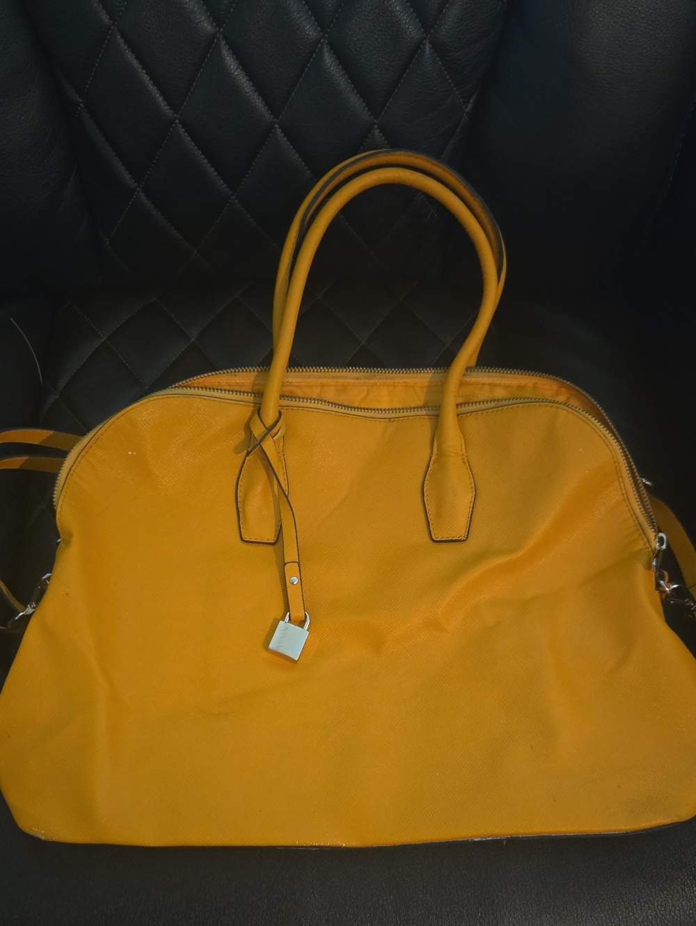 H&M Women’s Yellow Pebble Leather Tote Bag - Classic Structured Carryall